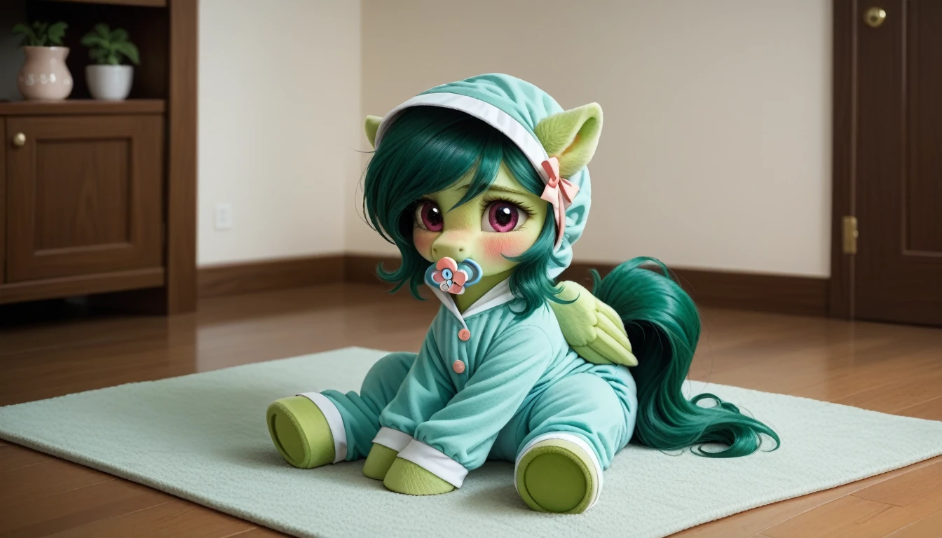 pony, Pegasus, emerald green fur, a lush mane, adult size assembled bonnet, bushy tail, adult mare, sitting in the room on a soft play mat, wearing an adult-sized onesie and booties, pacifier in mouth, solo, thick diaper under clothes, pink blush on cheeks, Embarrassment, Awkwardness.