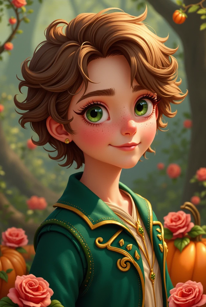 Imagem do filho da Briar Beauty e da Ashlynn Ella de Ever After High: A boy with brown hair with golden tips, greeneyes, peach skin with freckles, water green clothes with dark pink and with elements of roses and pumpkins on the clothes and in the background 
