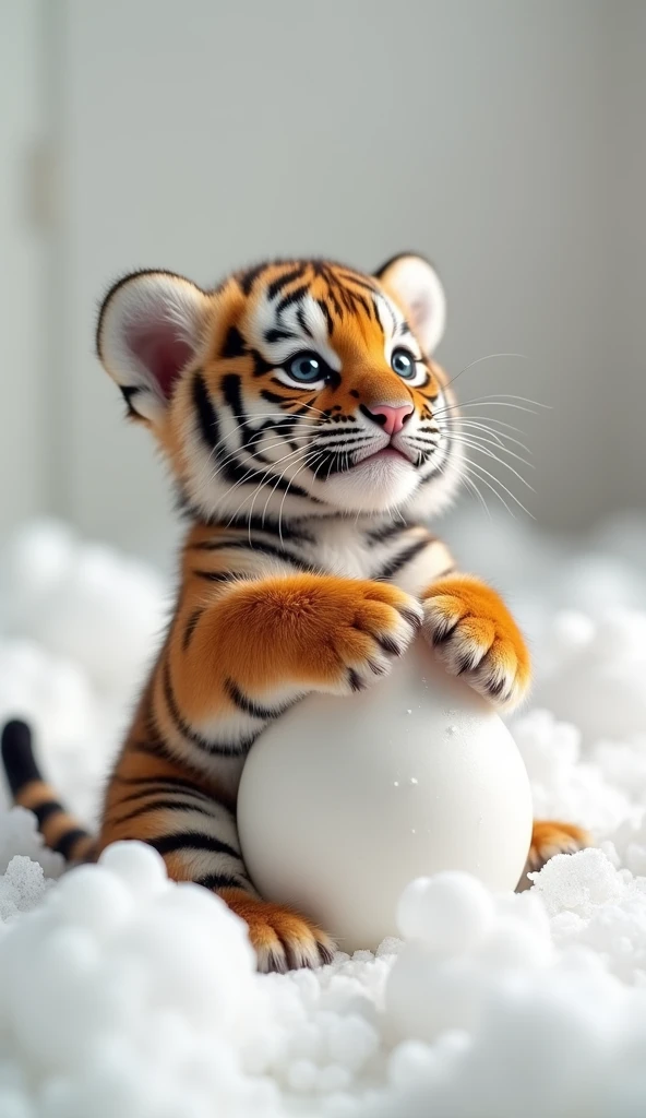 A chubby and cute little tiger baby, Very fat,Big round bulging belly,Big bright eyes, Cute and cuddly,Fluffy, Delicate and exquisite, Real version of tiger cub,Play with real white foam in the bathroom,Pure white high-end bathroom background