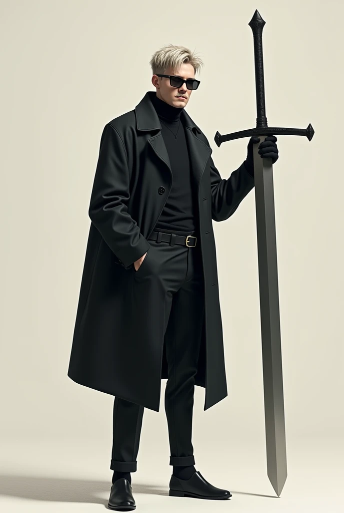 Tall lean man, glasses, short messy hair with light mustache, black modern clothes, giant greatsword, full body