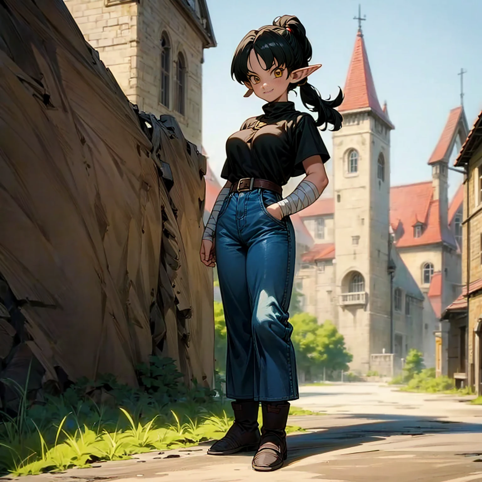 Solo character, full body version, girl, muscle, big breast, (elf), yellow eyes, black color hair, short haircut, ponytail, blue shirt, long jeans, bandage, shoes, outdoor, town, medieval, standing gesture, detailed background, detailed clothing, detailed hair, (Hunter x Hunter style art), smile mouth,