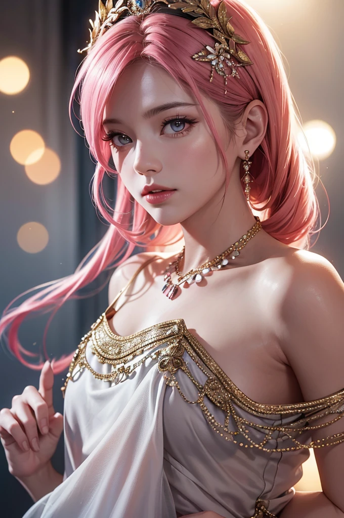 最high quality, masterpiece, High resolution, One person,China dress,hair ornaments,necklace, jewelry,Beautiful Face,On top of that_body, Tyndall effect,Realistic, Dark studio, Rim Light, Two-tone lighting,(Skin with attention to detail:1.2), 8k uhd, Digital SLR, Soft lighting, high quality, Volumetric lighting, Frank, photograph, High resolution, 4K, 8k, Bokeh, Pink Hair, nude,