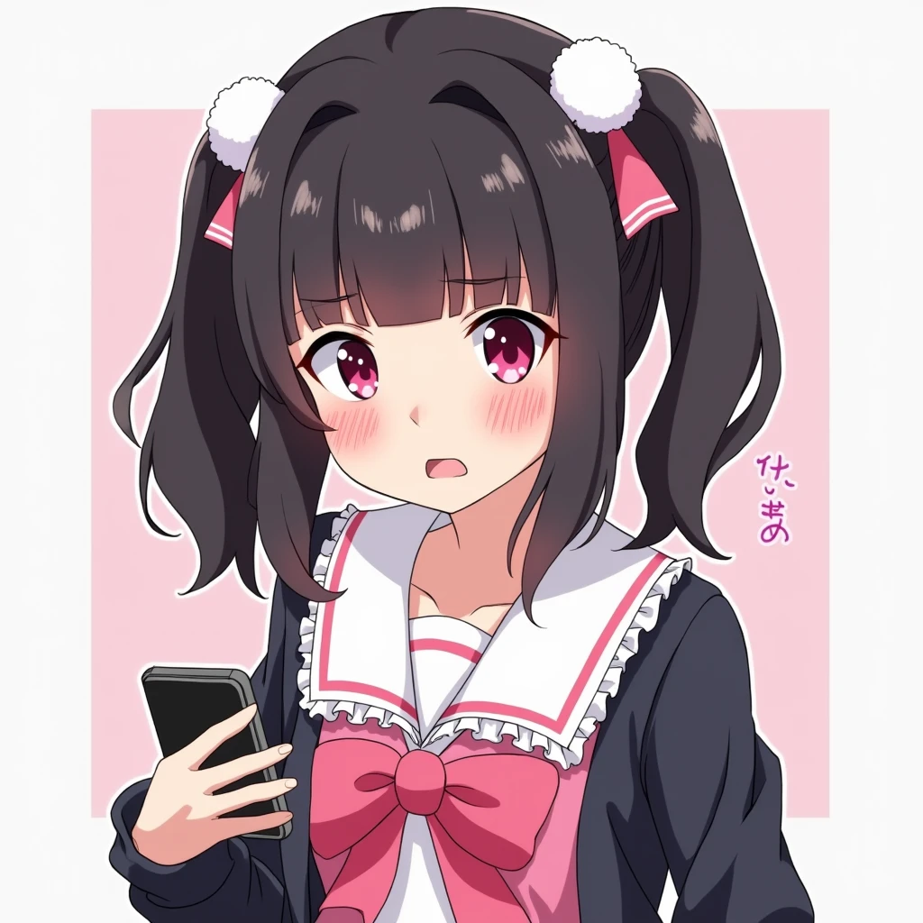 One person, Black Hair,Pink inner color,bangs,Pink Eyes, Droopy eyes,Hearts in eyes, White fluffy hair accessory,Pink hair ribbon, An illustration,skirt,Frills,Mine system,smartphone,Pink Sailor Suit,Dark cardigan,Drooping eyes,Confused eyes,Worried brow,Yandere,Simple background,smartphone,delivery,Illness,high school student,bangsは重めパッツン,Half Twin Tail