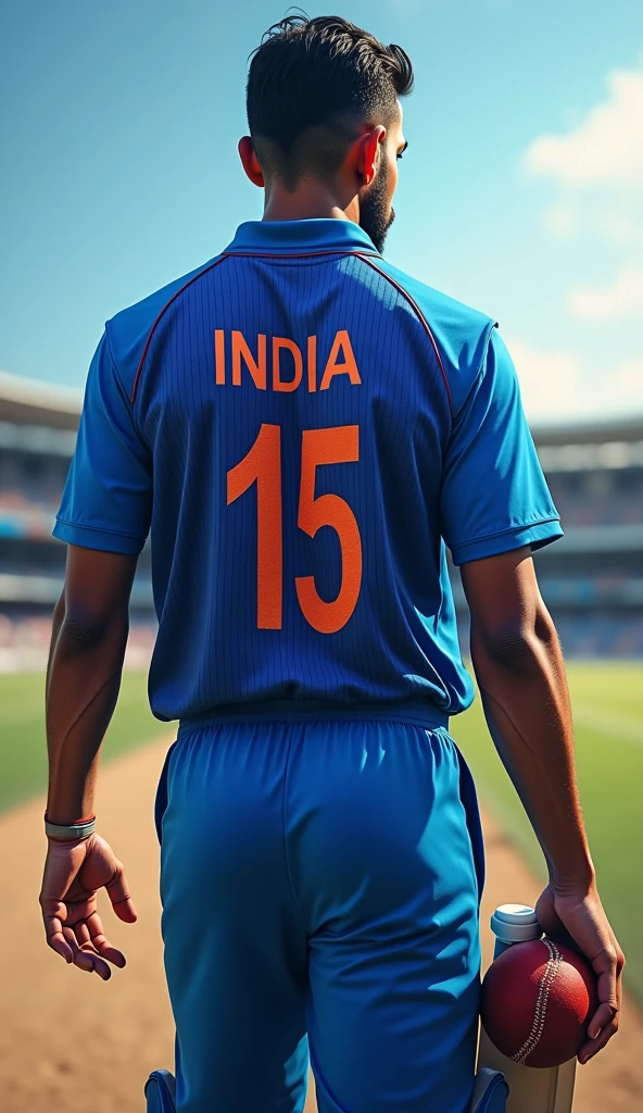 Give me a blue jersey to show my whole body,Indian cricket player with INDIA written on his jersey, View from behind, Cricket ball in right hand drop shadow, anaglyph, stereogram, tachi-e, ass pov, atmospheric perspective, 8k, super detail, best quality