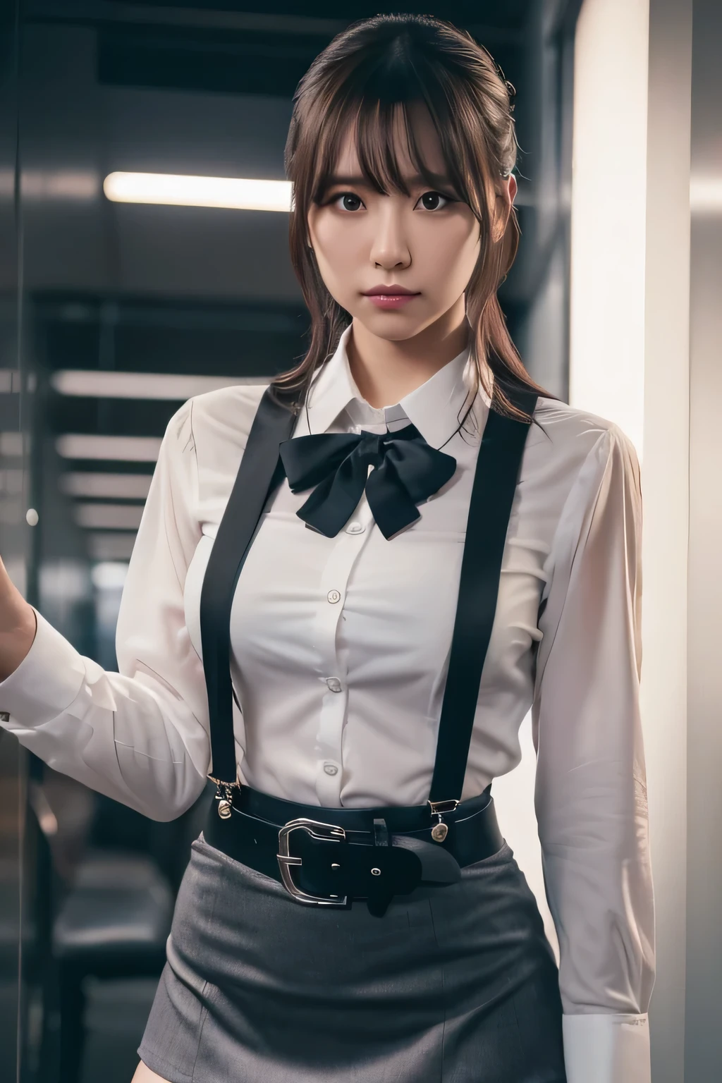 a woman in a suit, belt, hands behind back, sweating, suspenders, black pants, sexly, large breasts, see-through clothing, rain, detective, office worker, white button-up shirt, (best quality,4K,8k,highres,masterpiece:1.2),ultra-detailed,(realistic,photorealistic,photo-realistic:1.37),hyper-detailed,highly detailed face and body, Slender thin suspenders Moderate breasts See-through shirt Nipples holster chain Pistol Armament criminal Female criminal knife mini skirt garter belt Knee-high Knee-highソックス