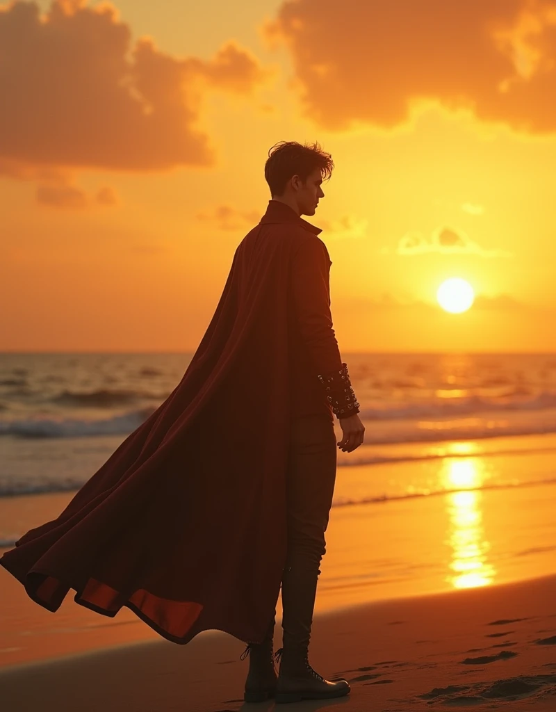 a handsome guy is standing on the beach near the ocean, at a golden sunset, he is standing in profile, almost with his back to the ground, you can clearly see him in full height, you can see him from head to toe, he is looking into the distance, his hair is ruffled by the wind, he is wearing steampunk clothes and his cloak is fluttering beautifully