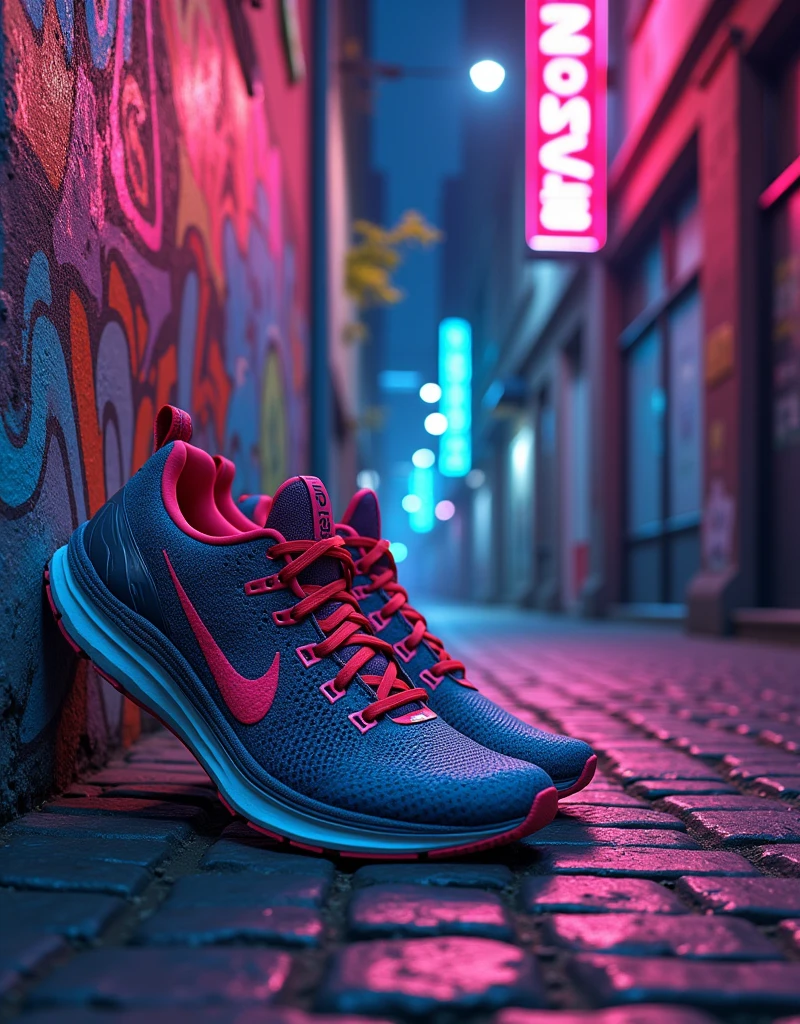 Create a vibrant scene showcasing artistic expression. The main subject is a pair of athletic shoes, creatively designed with vivid colors and complex patterns. The shoes are placed on a cobblestone street, signifying mingling of function and art. Scattered all around are various elements of street art like graffiti murals painted on the side of a concrete wall, giving character to the deserted alley. Globes of diffuse city light mingle with the glowing neon strokes from the wall art, casting a mystical light onto the illustration.