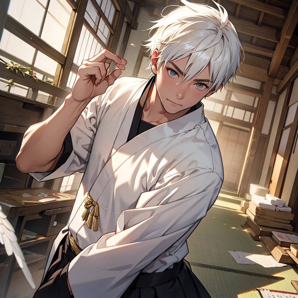 boy, White hair, 小柄, golden eye, Angel wing, japanese school clothes