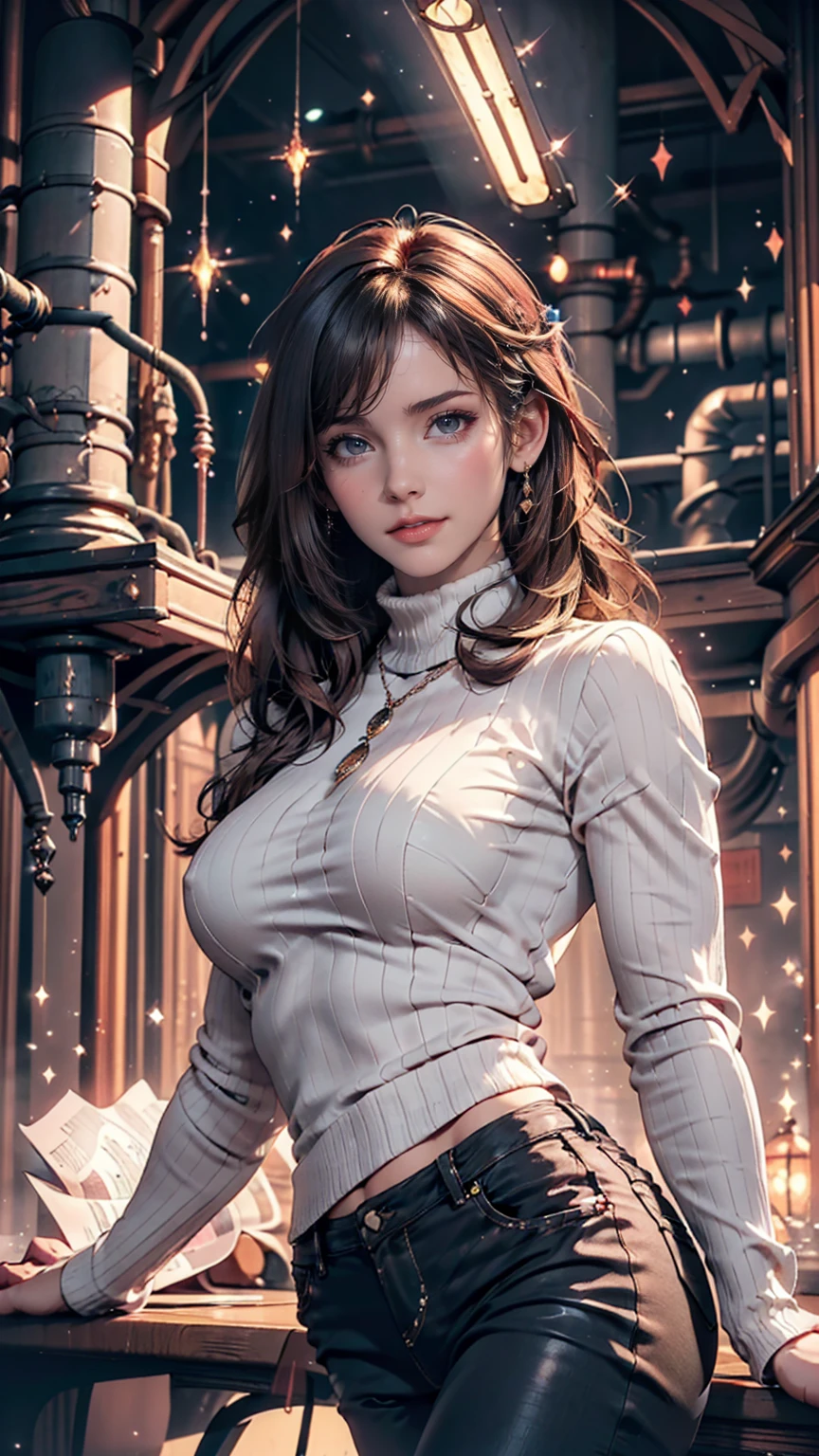 Mysterious atmosphere, Atmospheric, Ethereal quality,Realistic,beautifully、aesthetic,, alone,between legs,Pink turtleneck, Brown pants,(Browsing Caution:0.85),, democracy,, Power plant,, (Sparkling atmosphere, Enchanting Sparkle, Bright lighting, Ethereal atmosphere, Enchanting Sparkle, Exciting colors, Captivating colors, Dramatic lighting, Captivating aura),