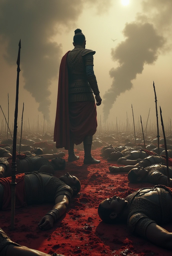 A dramatic scene of the Kalinga War’s aftermath, showcasing the devastation and suffering, with Ashoka witnessing the aftermath, showing his emotional transformation."