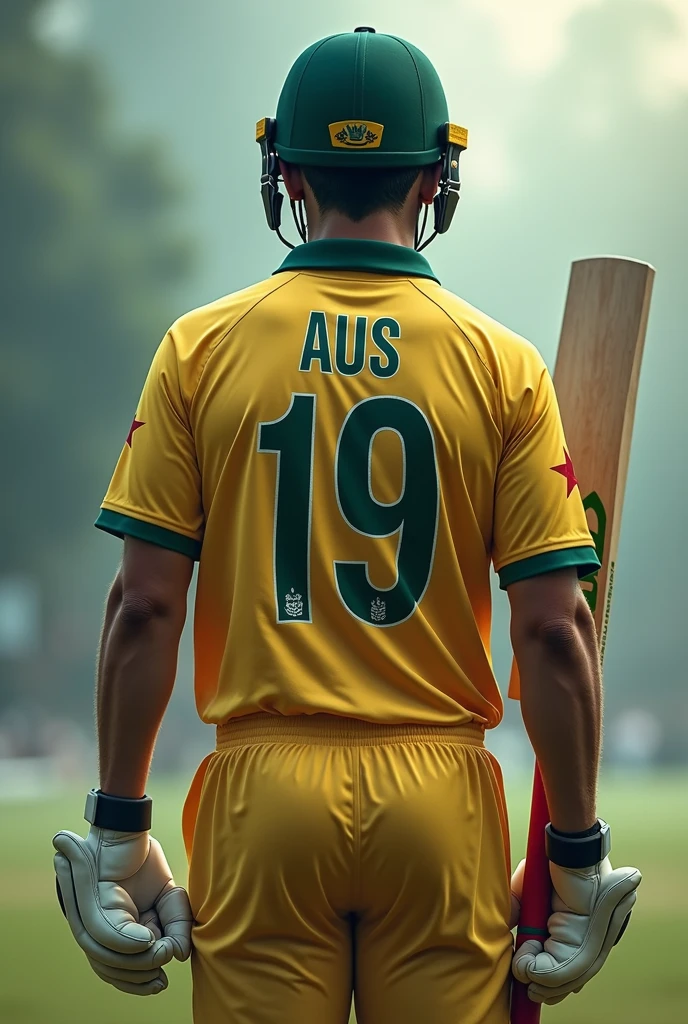 Give me a jersey number of 19,Cricket player with AUS written on his jersey, View from behind, A hand holding a cricket bat drop shadow, anaglyph, stereogram, tachi-e, ass pov, atmospheric perspective, 8k, super detail, best quality