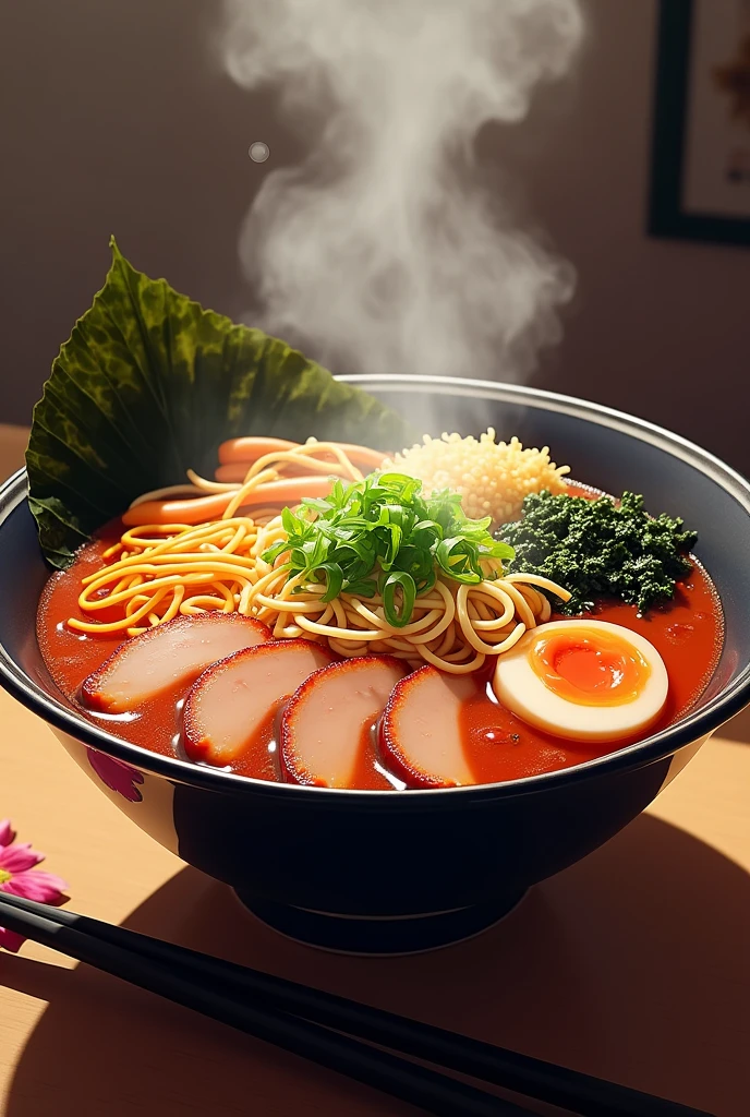 Realistic,Japanese ramen,Thick soup,Seaweed flakes,Bright colors,Steaming,Have an appetite,Chopsticks,Meat,Japanese Ramen,Green onion,bamboo shoots,White Japanese bowl