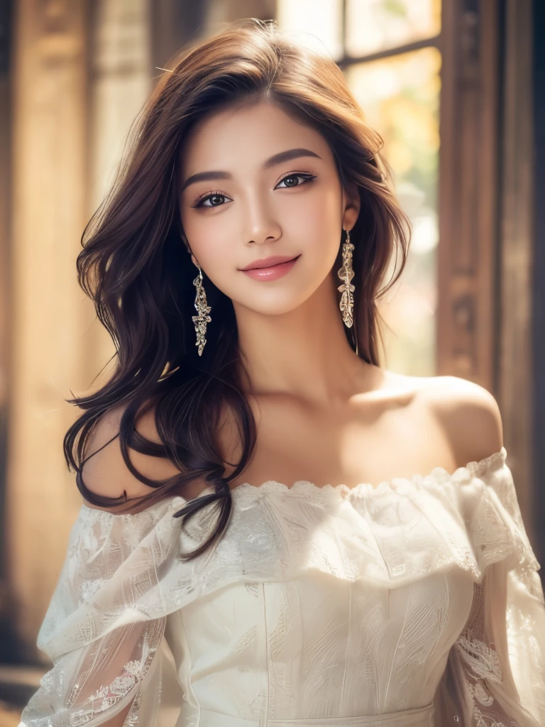 (masterpiece, Highest quality:1.2), (High resolution, Abstract:1.1), (Ultra high definition, Super detailed), One person, Soft skin texture,Soft and attractive lips, Cute pose, camisole, Off the shoulder, Lips parted, smile, blush