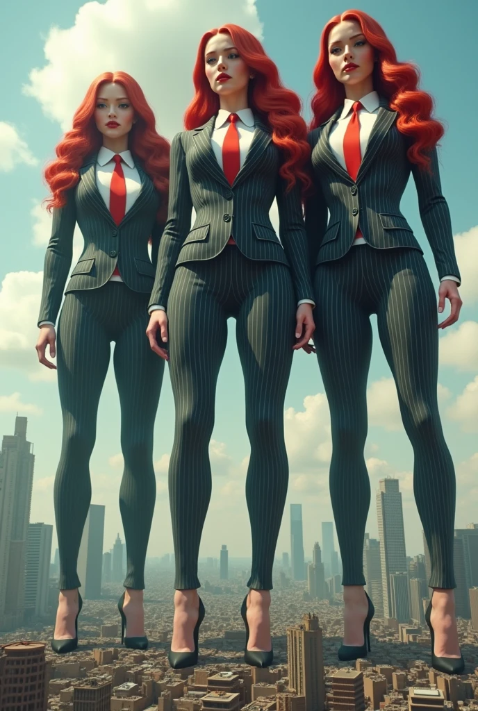Highly detailed giga Giantess shot, multiple mega Giantess, multiple women, big breasts, hourglass figures, bbw , long red hair, pinstriped suit, white shirt, huge red tie Windsor knot, high heels, very small metropolis, miniature metropolis, crush the big city, full body description, GTS, Giga Goddess, Stomping City, crash city, micro city, High resolution, highest quality, masterpiece,