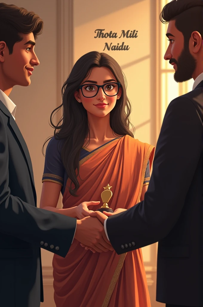 20 years girl is taking award from his higher official she has where eye glasses her name is Thota Mili Naidu her name on the background wall
