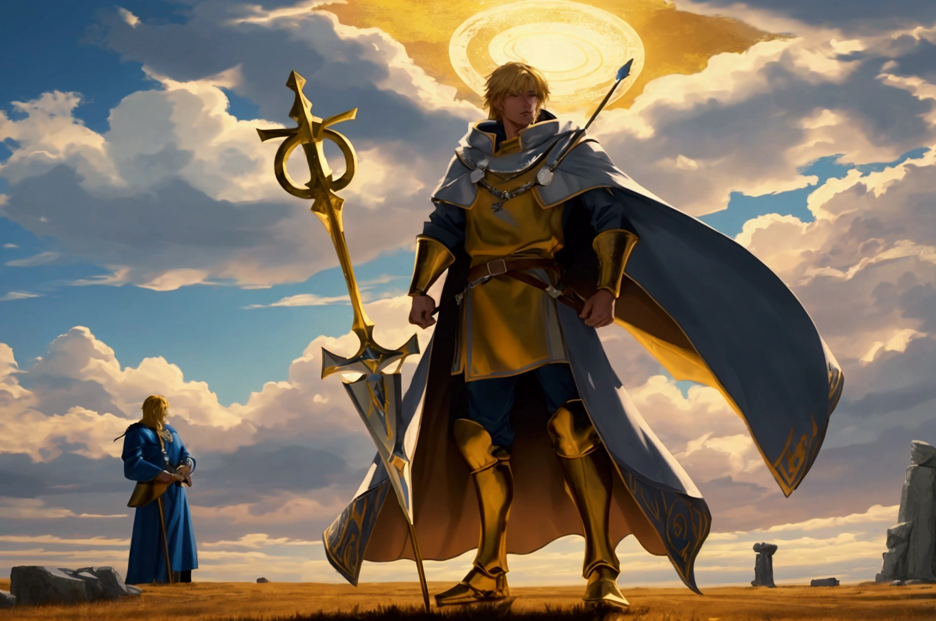 8k resolution quality wallpaper, in the style of digital illustration, illustrating king Arthur with golden bright hair, wearing a fantastic golden armor, holding Excalibur with two hands, old Merlin standing beside him, Stonehenge's stones can be seen in the background, dramatic clouds in the sky, bright and cheerful color temperature