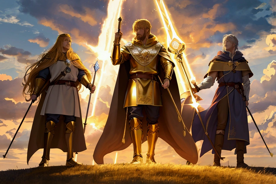 8k resolution quality wallpaper, in the style of digital illustration, illustrating king Arthur with golden bright hair, wearing a fantastic golden armor, holding Excalibur with two hands, old Merlin standing beside him, Stonehenge's stones can be seen in the background, dramatic clouds in the sky, bright and cheerful color temperature