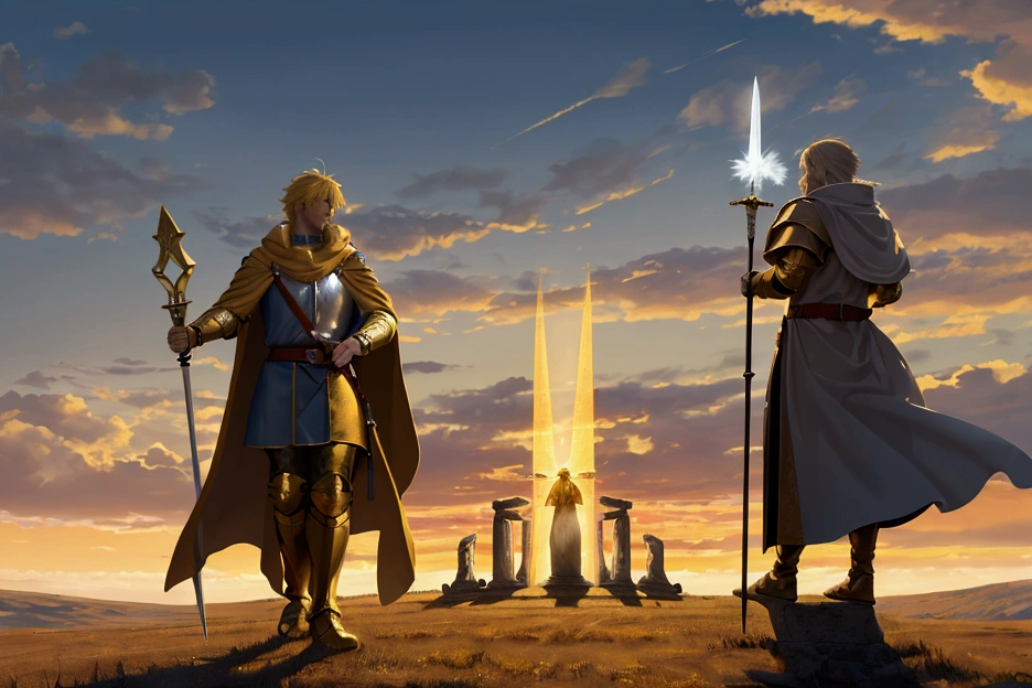 8k resolution quality wallpaper, in the style of digital illustration, illustrating king Arthur with golden bright hair, wearing a fantastic golden armor, holding Excalibur with two hands, old Merlin standing beside him, Stonehenge's stones can be seen in the background, dramatic clouds in the sky, bright and cheerful color temperature