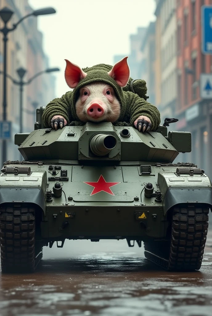 A pig that Drives a modern russian Tank from the oitside