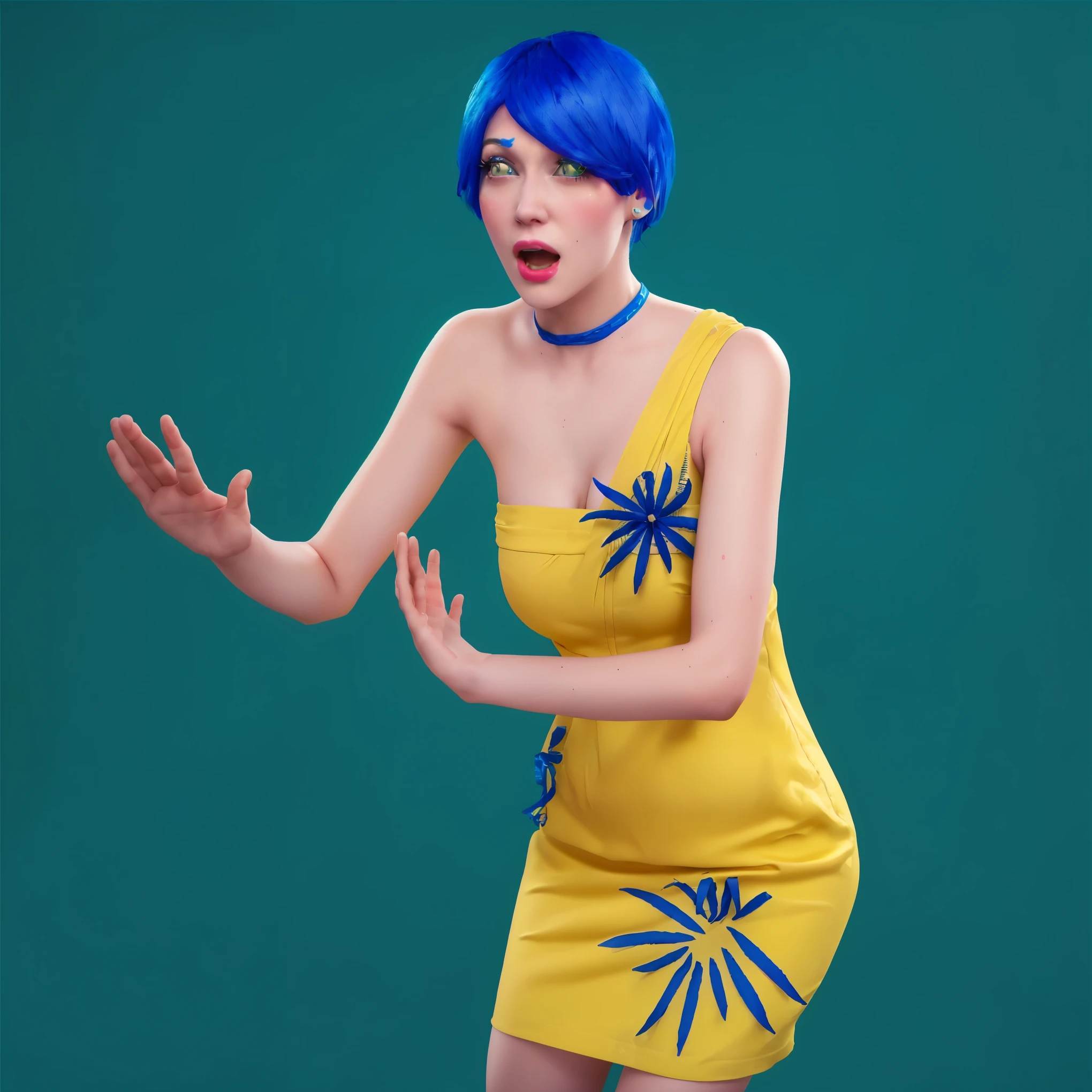 there is a woman with blue hair and a yellow dress, short blue haired woman, in blue and yellow clothes, girl with blue hair, little angry girl with blue hair, weird expressionist pose, lady using yellow dress, wearing a plastic blue dress, marge simpson, 3 d render character art 8 k, render of a cute 3d anime girl