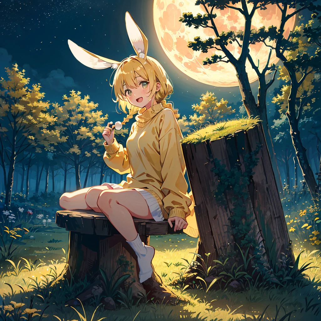 1 rabbit girl, gold eyes, rabbit ears, yellow hair, braid, (smile:0.9), (open mouth:0.9), cute, (medium breasts:0.9), oversized sweater, (socks:0.8), naked sweater, eating dango, sitting on stump, wariza, (leaning forward:0.9), gold big moon background, yellow vast grassland, (gold night:0.9), (moonlight:0.9), sharp focus, looking at viewer, (intricate:1.1), (yellow tone:1.1), (gold tone:0.9), llustration, anime coloring, high contrast,