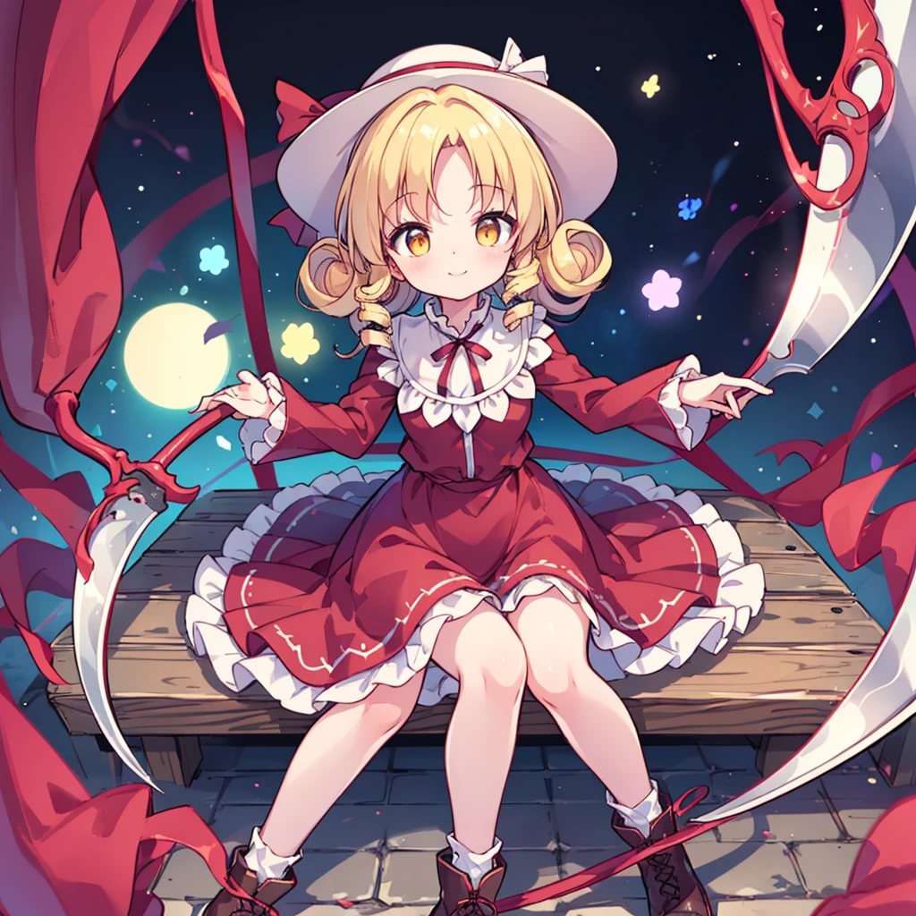 a drawing of an anime character in a red dress and boots with a large scythe, ((high end)), (UHD picture), (best quality,4k,8k,highres,masterpiece:1.2), top-quality(​masterpiece), top-quality, ultra-detailed, highly detailed texture, intricate details, high quality textures, masterpiece, best quality, perfect quality, perfect anatomy, perfect body, perfect symmetrical face, perfect hands, perfect feet, (two arms:1.2), (two legs:1.2), (five fingers each:1.2), (perfect joint:1.2), perfect joint movement, precise fingers and hands, 1 beautiful girl, 1 girl, alone, solo, , 10 years old, (((****))), ((childish)), hat, white hat, blonde hair, long hair, parted bangs, drill hair, well-formed face, yellow eyes, maxi dress, red dress, dress, long sleeves, frills, long skirt, simple background, scythe, holding scythe, holding, white socks, smile, cute face, beautiful, holding scythe