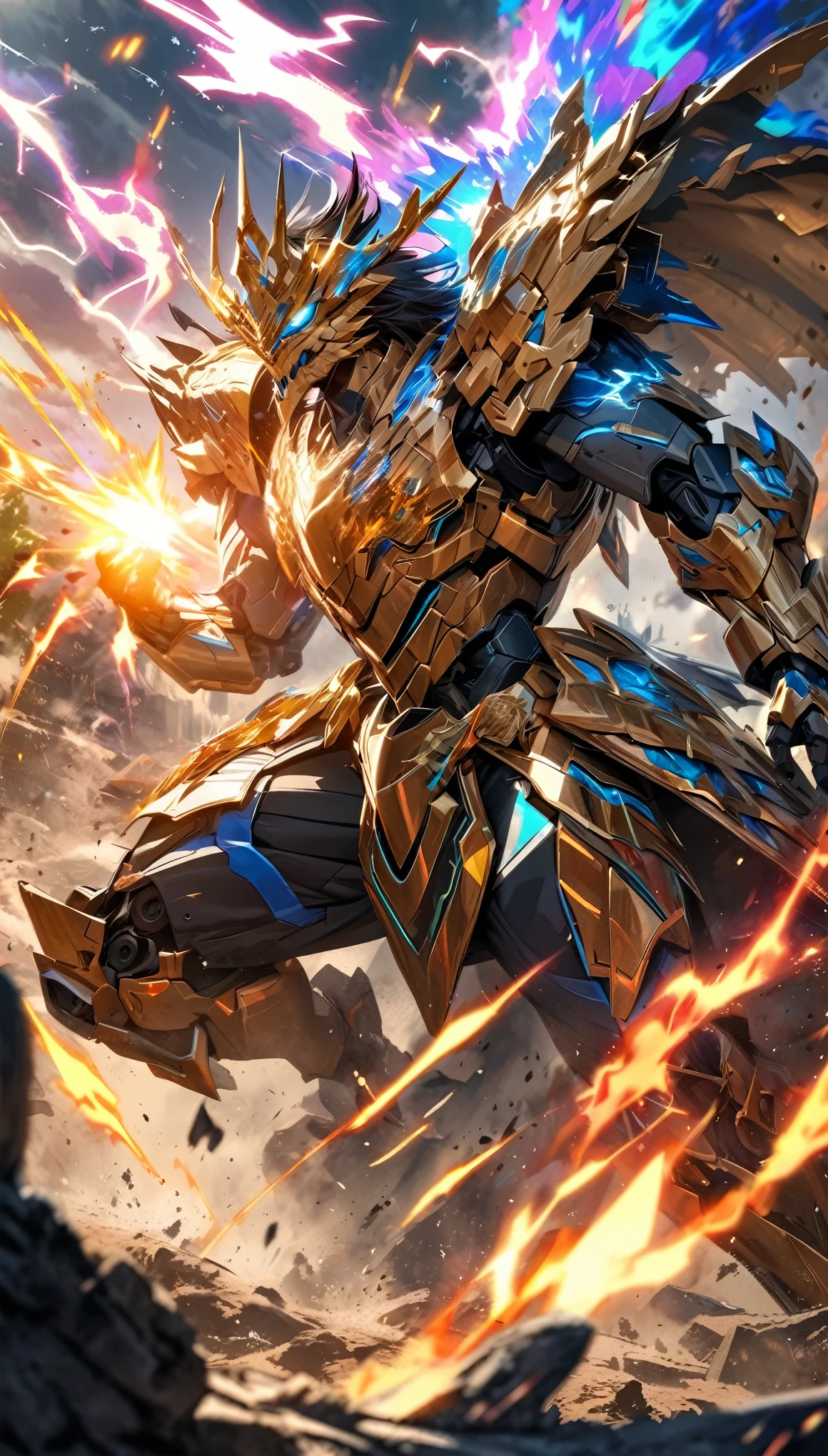 absurd, high resolution, Extremely detailed, HDR, masterpiece, Extremely detailed的脸部和眼睛, Colorful shining golden diamond god mecha armor dragon knight, Epic Mecha Dragon Mask,,Colorful black hair , , Solitary, ,man, Handsome, , , Epic battle scenes, Color flame splash effect,Colorful lightning effect,sparkling