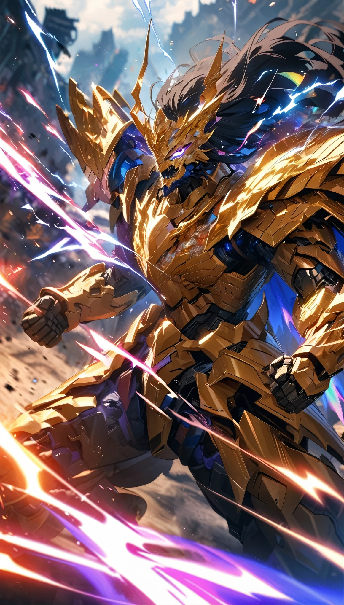 absurd, high resolution, Extremely detailed, HDR, masterpiece, Extremely detailed的脸部和眼睛, Colorful shining golden diamond god mecha armor dragon knight, Epic Mecha Dragon Mask,,Colorful black hair , , Solitary, ,man, Handsome, , , Epic battle scenes, Color flame splash effect,Colorful lightning effect,sparkling