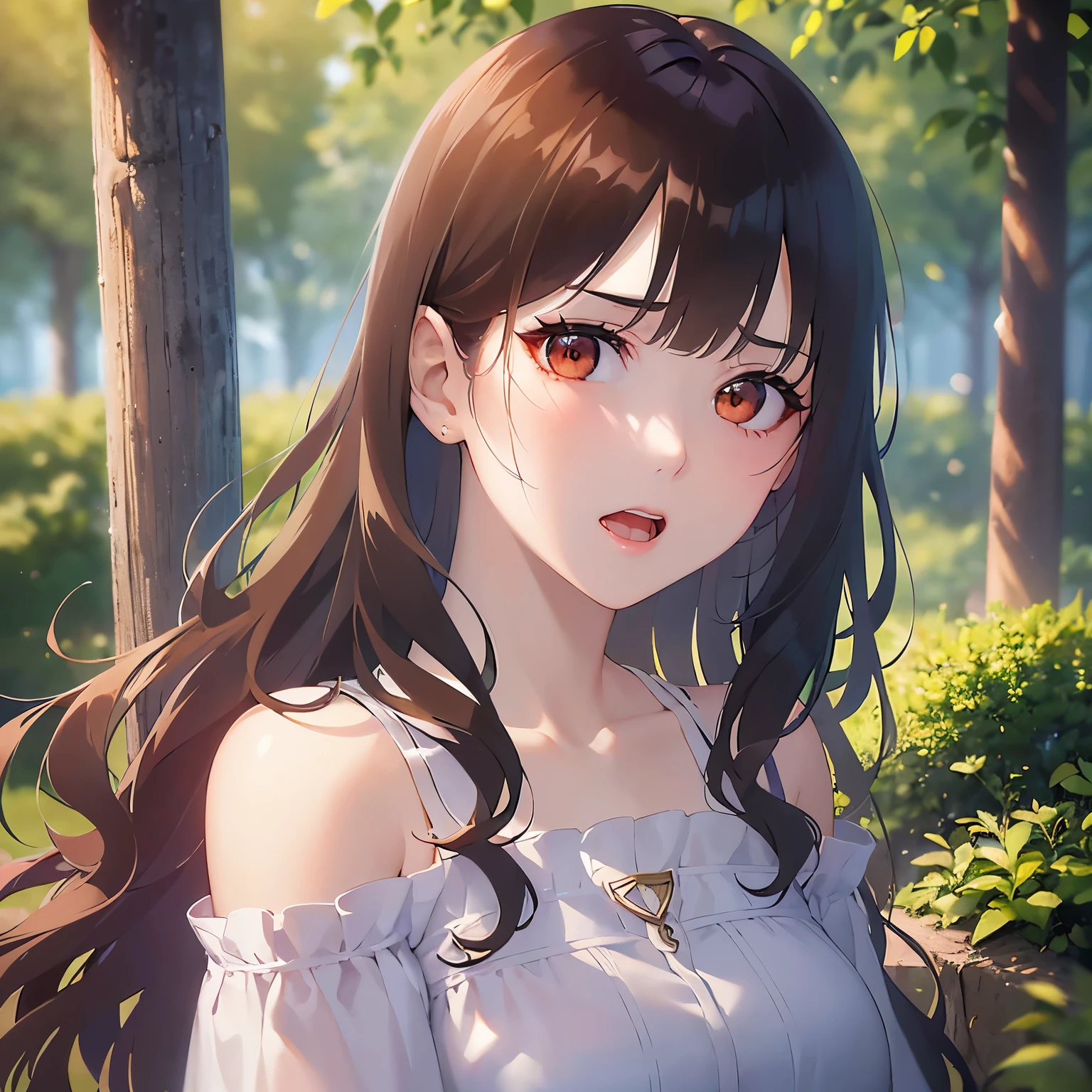 (looking at viewer:1.5)Upper Body,
Realistic, real person, (pale skin: 1.2), RAW photo, photorealistic, shiny skin, shiny hair、(A 25-year-old woman with medium-length hair and bangs) and (wavy hair) and (brown hair) and (orange eyes) ,
(white) and (off shoulder blouse),
angry,open mouth,,park、(alone:1.5)
