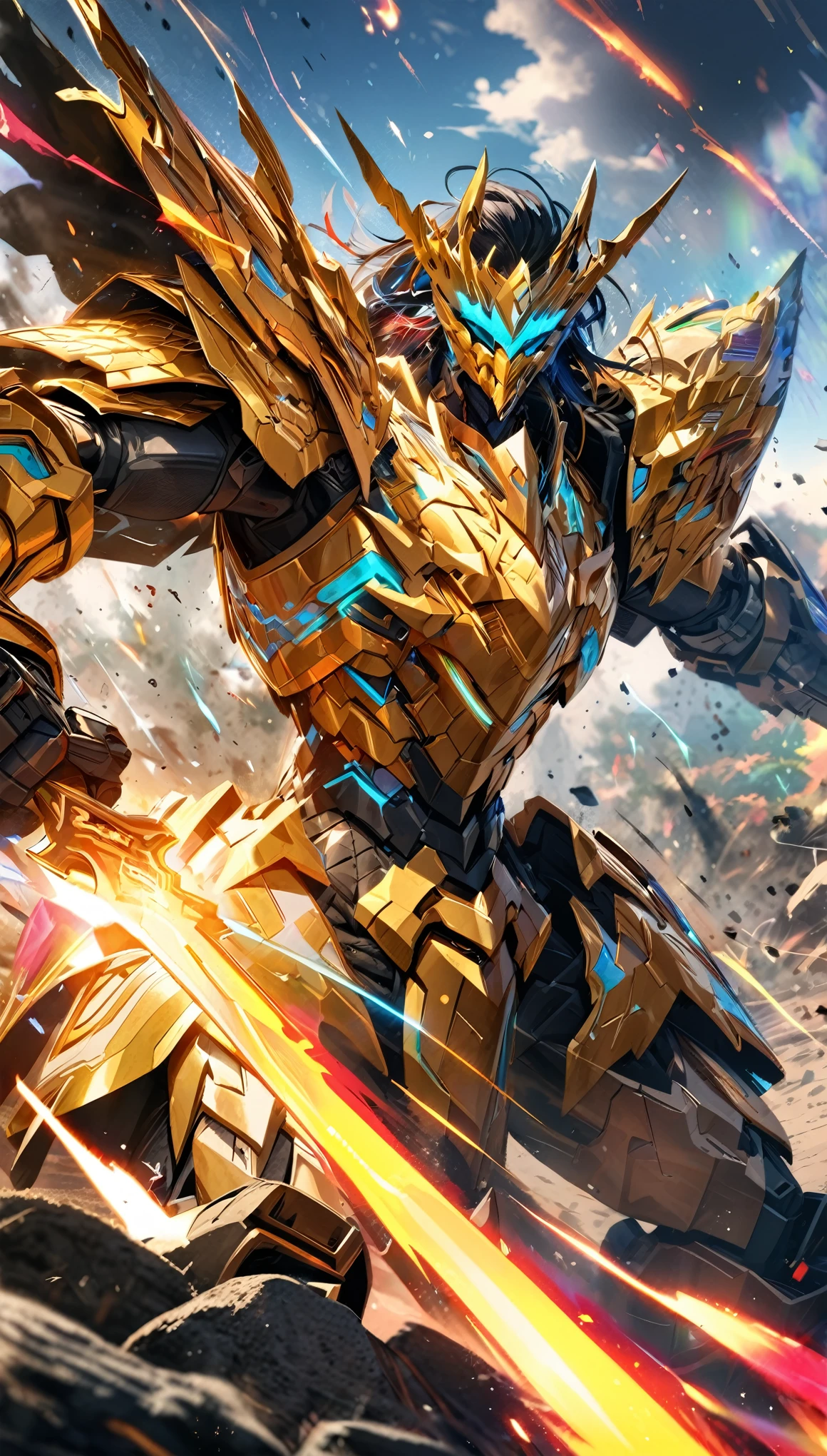 absurd, high resolution, Extremely detailed, HDR, masterpiece, Extremely detailed的脸部和眼睛, Colorful shining golden diamond god mecha armor dragon knight, Epic Mecha Dragon Mask,,Colorful black hair , , Solitary, ,man, Handsome, , , Epic battle scenes, Color flame splash effect,Colorful lightning effect,sparkling