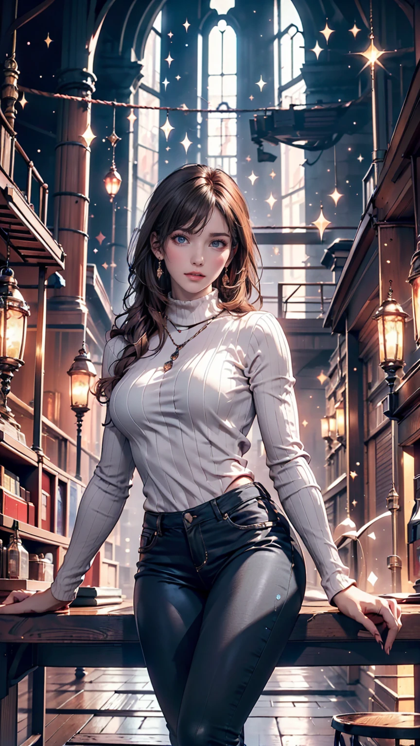 Mysterious atmosphere, Atmospheric, Ethereal quality,Realistic,beautifully、aesthetic,, alone,between legs,Pink turtleneck, Brown pants,(Browsing Caution:0.85),, democracy,, Power plant,, (Sparkling atmosphere, Enchanting Sparkle, Bright lighting, Ethereal atmosphere, Enchanting Sparkle, Exciting colors, Captivating colors, Dramatic lighting, Captivating aura),