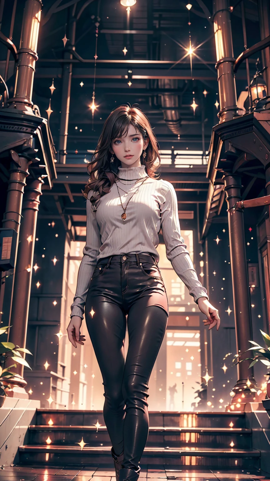 Mysterious atmosphere, Atmospheric, Ethereal quality,Realistic,beautifully、aesthetic,, alone,between legs,Pink turtleneck, Brown pants,(Browsing Caution:0.85),, democracy,, Power plant,, (Sparkling atmosphere, Enchanting Sparkle, Bright lighting, Ethereal atmosphere, Enchanting Sparkle, Exciting colors, Captivating colors, Dramatic lighting, Captivating aura),
