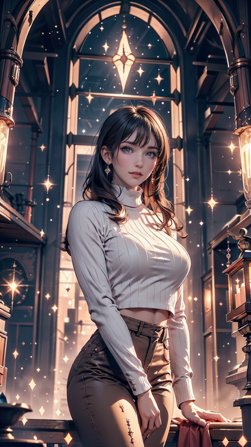 Mysterious atmosphere, Atmospheric, Ethereal quality,Realistic,beautifully、aesthetic,, alone,between legs,Pink turtleneck, Brown pants,(Browsing Caution:0.85),, democracy,, Power plant,, (Sparkling atmosphere, Enchanting Sparkle, Bright lighting, Ethereal atmosphere, Enchanting Sparkle, Exciting colors, Captivating colors, Dramatic lighting, Captivating aura),