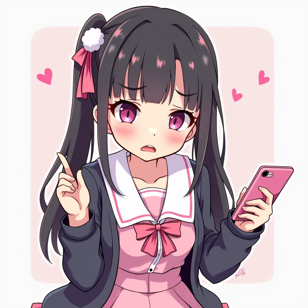 One person, Black Hair,Pink inner color,bangs,Pink Eyes, Droopy eyes,Hearts in eyes, White fluffy hair accessory,Pink hair ribbon, An illustration,skirt,Frills,Mine system,smartphone,Pink Sailor Suit,Dark cardigan,Drooping eyes,Confused eyes,Worried brow,Yandere,Simple background,smartphone,delivery,Illness,high school student,bangsは重めパッツン,Half Twin Tail