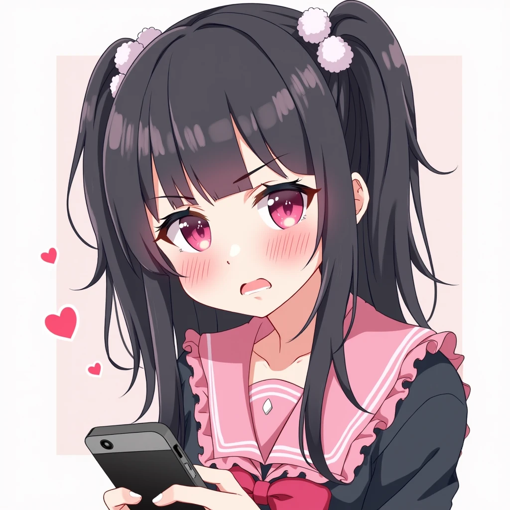 One person, Black Hair,Pink inner color,bangs,Pink Eyes, Droopy eyes,Hearts in eyes, White fluffy hair accessory,Pink hair ribbon, An illustration,skirt,Frills,Mine system,smartphone,Pink Sailor Suit,Dark cardigan,Drooping eyes,Confused eyes,Worried brow,Yandere,Simple background,smartphone,delivery,Illness,high school student,bangsは重めパッツン,Half Twin Tail