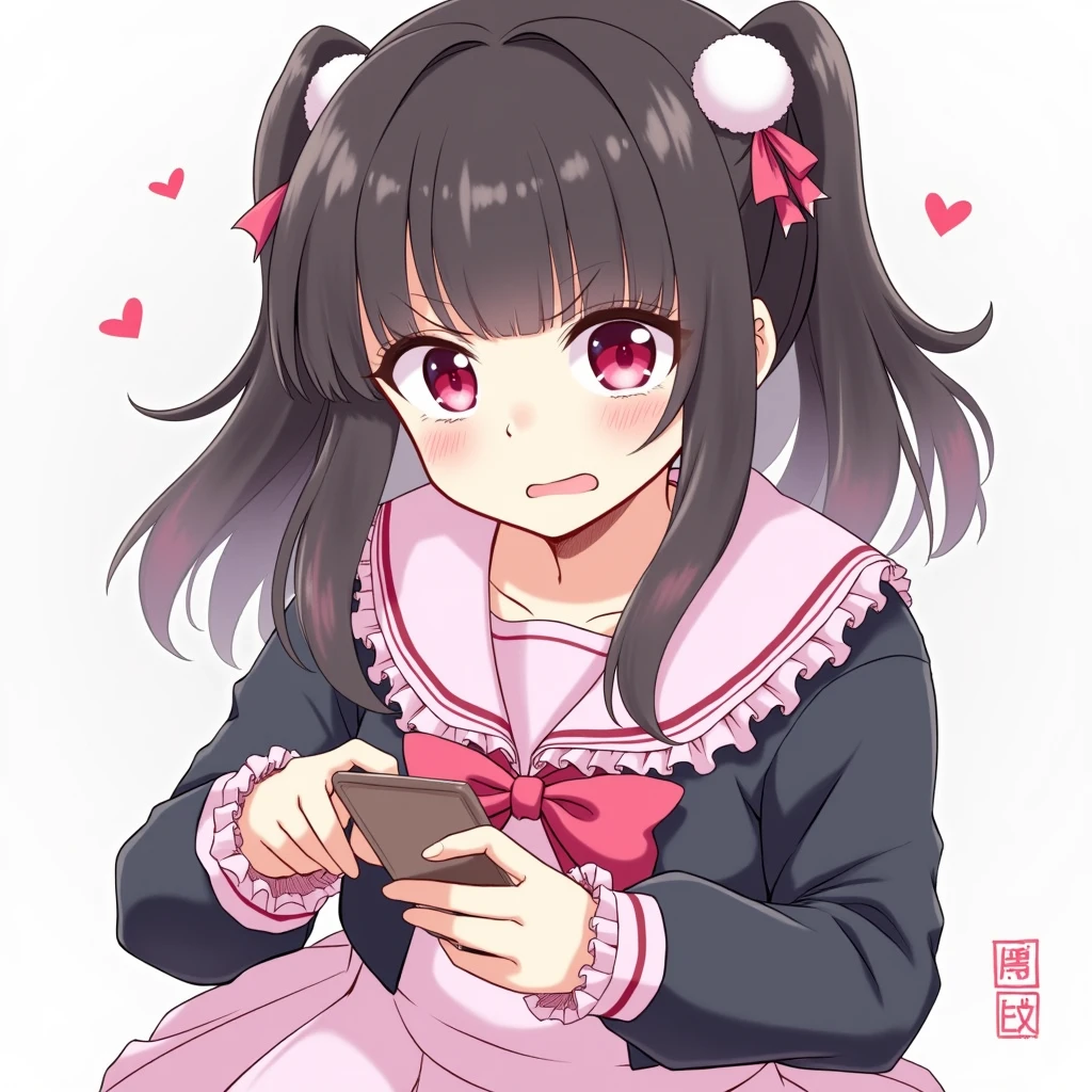 One person, Black Hair,Pink inner color,bangs,Pink Eyes, Droopy eyes,Hearts in eyes, White fluffy hair accessory,Pink hair ribbon, An illustration,skirt,Frills,Mine system,smartphone,Pink Sailor Suit,Dark cardigan,Drooping eyes,Confused eyes,Worried brow,Yandere,Simple background,smartphone,delivery,Illness,high school student,bangsは重めパッツン,Half Twin Tail
