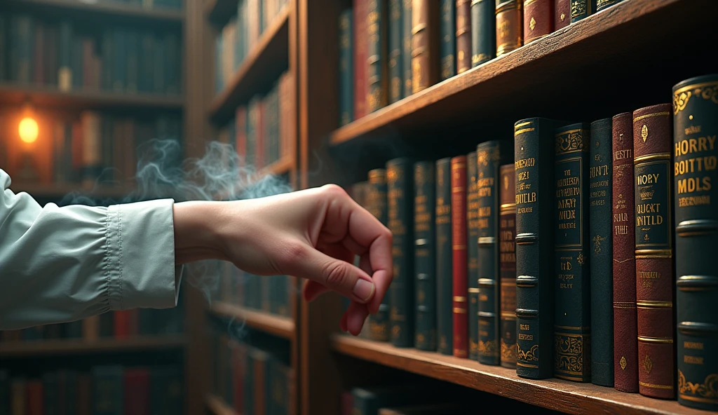 A bookshelf filled with Harry Potter books and awards, with a hand reaching out to pick up a book, representing the inspiration she has provided to readers.
