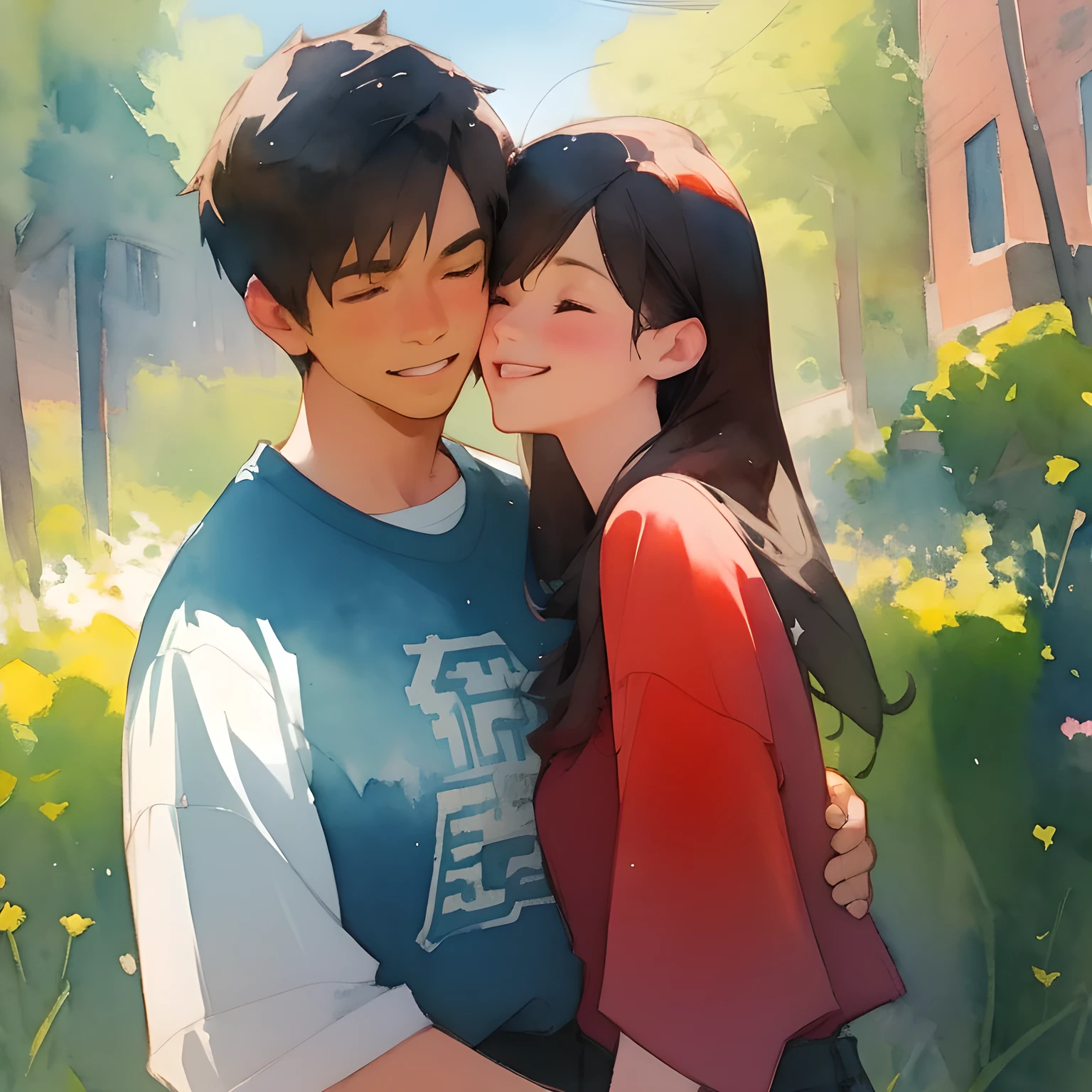 best quality, high resolution, ultra detailed, realistic, couple, upper body, everyday clothes, Scene of Happiness, heartwarming atmosphere, eternal love, watercolor