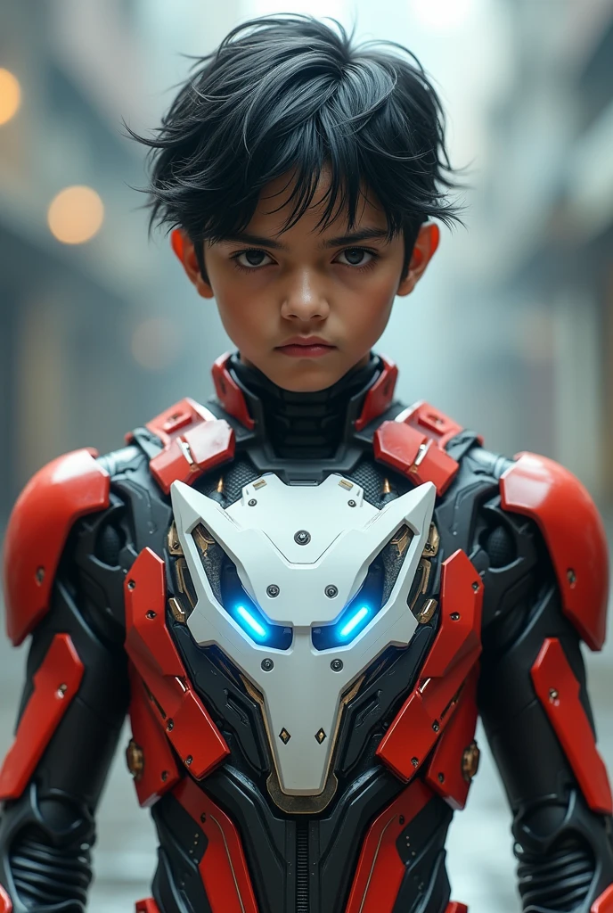 Boy malay Indonesia wear red white exoskeleton. Robot face on body. Led nipple blue. Black hair little white hair detail. . 19 year old boy. Wavy hair. Tan skin. High tech suit. Mirage armor . Taking anger robot face red. Emoji robot. Punisher. Mechanize robot face at chest. Talking robot on body. Robot look front.
