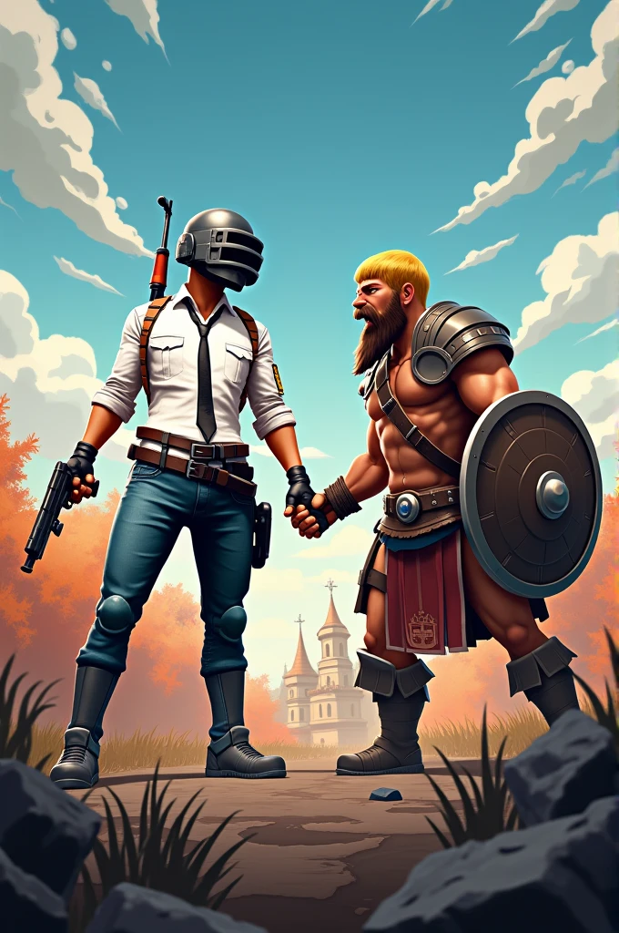 A poster with illustrating pubg and clash of clans character interacting with each other