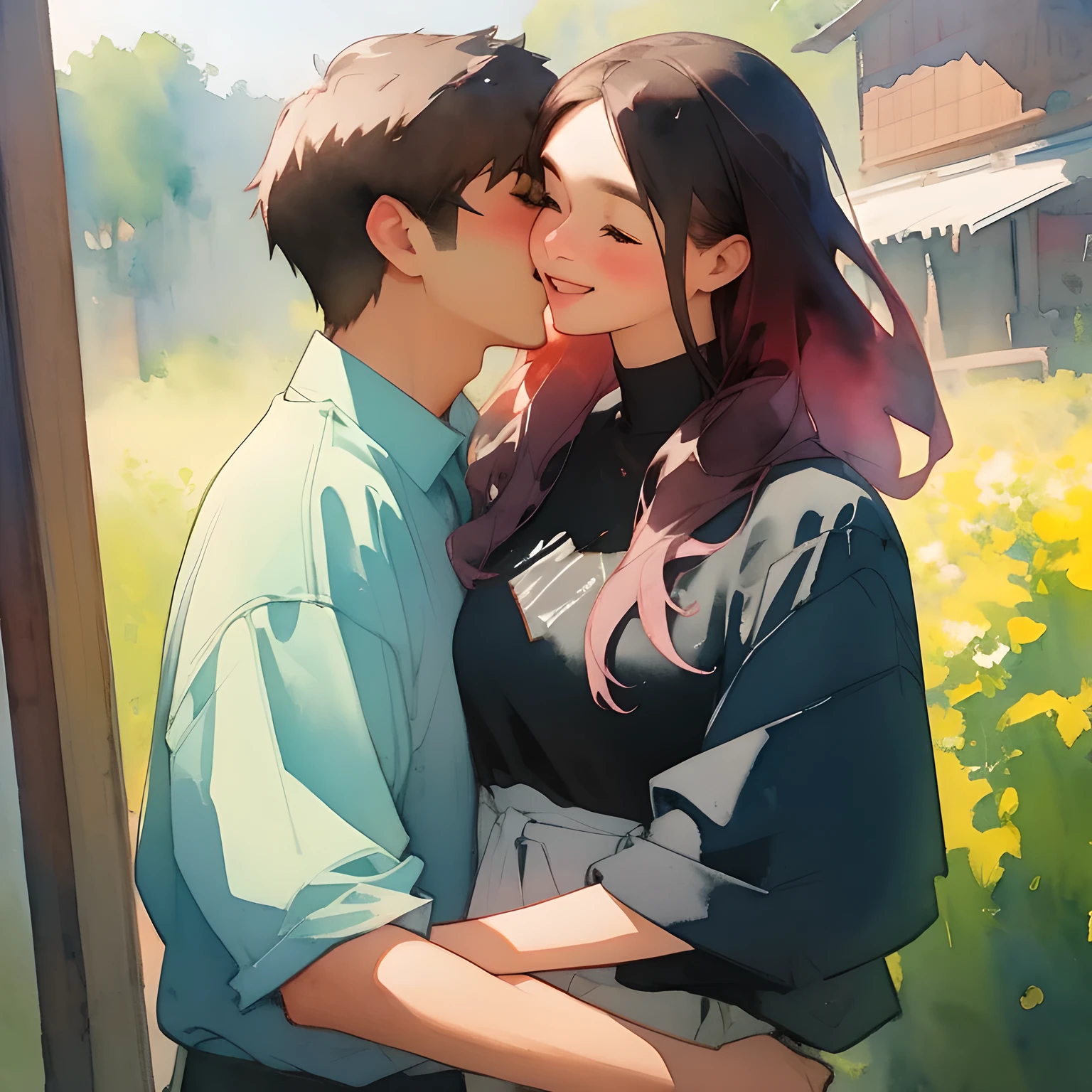 best quality, high resolution, ultra detailed, realistic, couple, upper body, everyday clothes, Scene of Happiness, heartwarming atmosphere, eternal love, watercolor