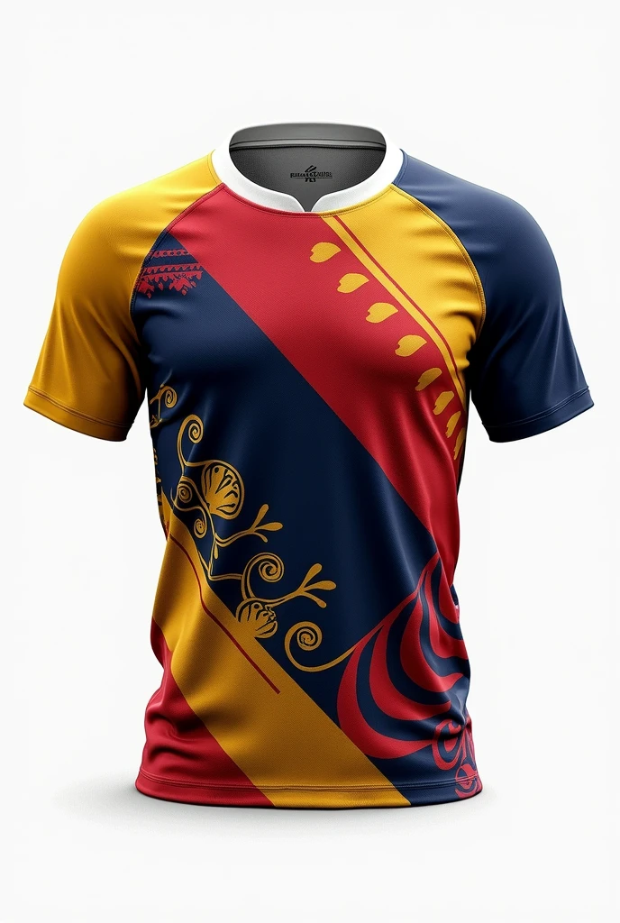 Create rugby jersey Borneo tribe at sleeve yellow red blue white retro round neck collar white background