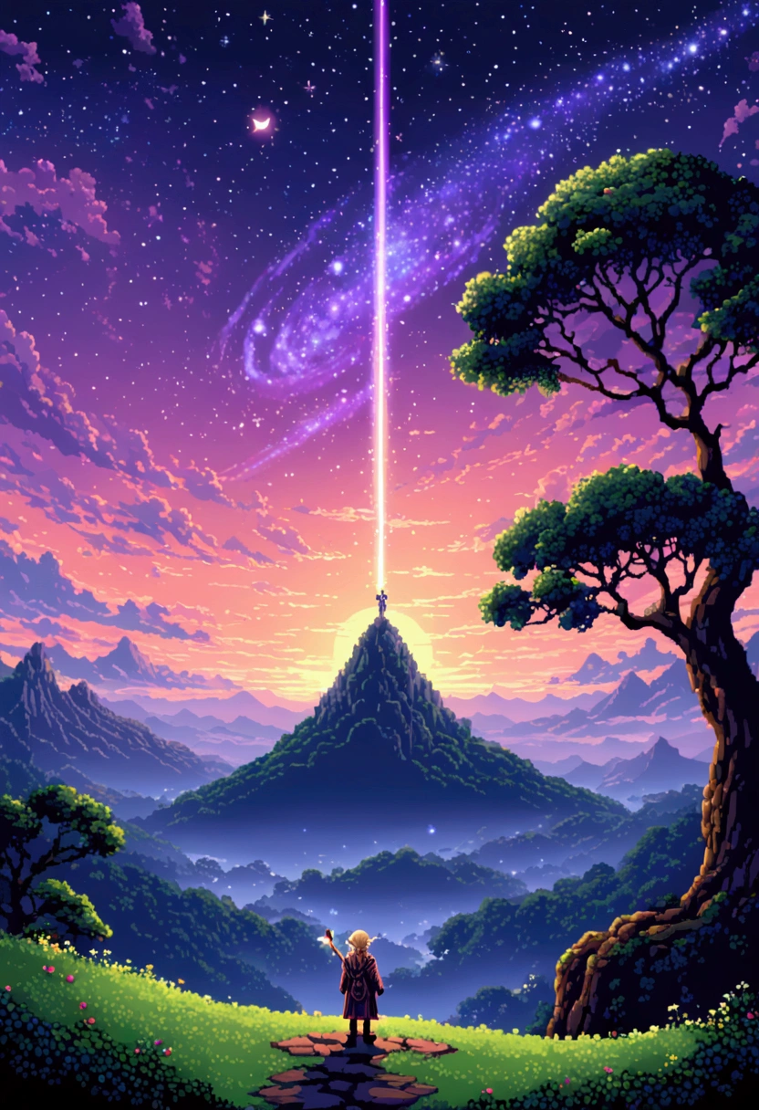 Create a pixel art scene depicting a nostalgic view at dusk.. in the foreground, a young male elf with long flowing hair standing on a hill, looking up at the sky full of galaxies. The elf is wearing a traditional elf robe., with a shining stick in one hand. The surrounding scenery is peaceful, with some ancient mystical trees surrounding the elves, the leaves sway gently in the evening breeze. The sky above is filled with purple stars and galactic swirls, blue, and pink. The overall atmosphere should evoke a sense of longing and eternity., as if the elf was reminiscing about the distant past. All scenes are rendered in a detailed pixel art style, with a focus on the contrast between the soft light of the galaxy and the dark shades of the landscape.. With 4k graphic quality 