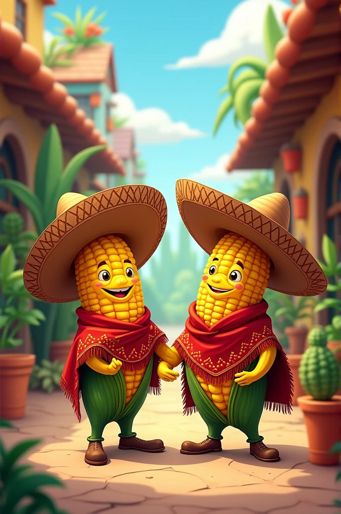 Corn cartoons, dressed in a chicheño hat and red poncho