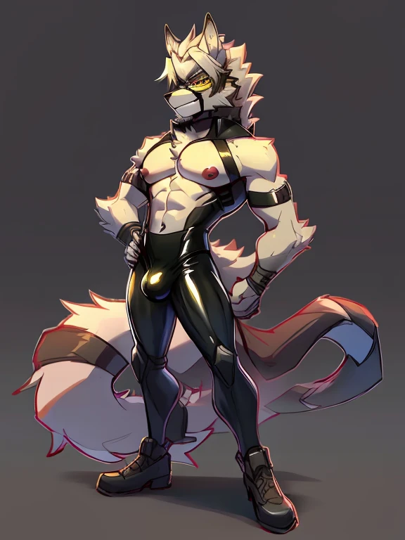 Male, robot wolf, detailed yellow eyes, long tail, big nipples, slim, sly, simple background,, smirk, bulge, glasses, tail wrapping around body,Sexy latex swimsuit,full body,footwear,lycaon