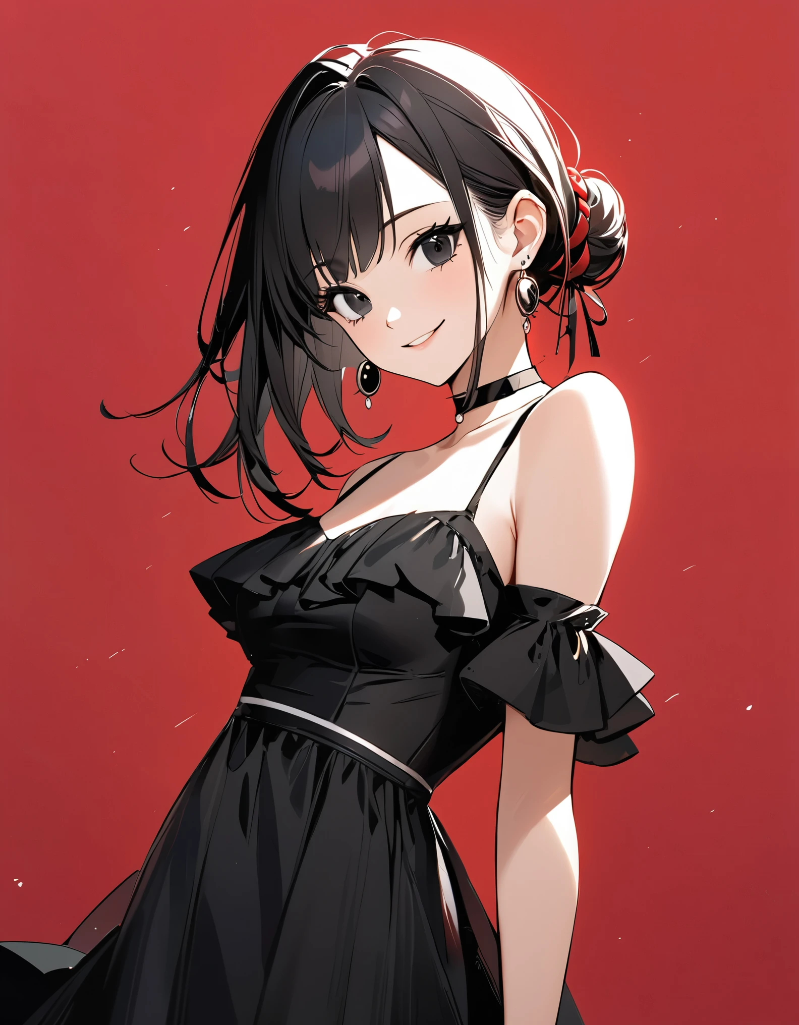 best quality, beautiful, hair tie, 8K, happy face, side body, head tilt look view, black eyes, slim, dress, earrings, choker, concept, red background