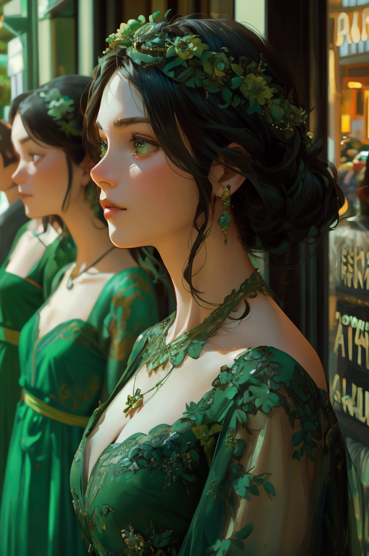 
group of people in green dress standing in front of a store, movie announcement, realistic, announcement 