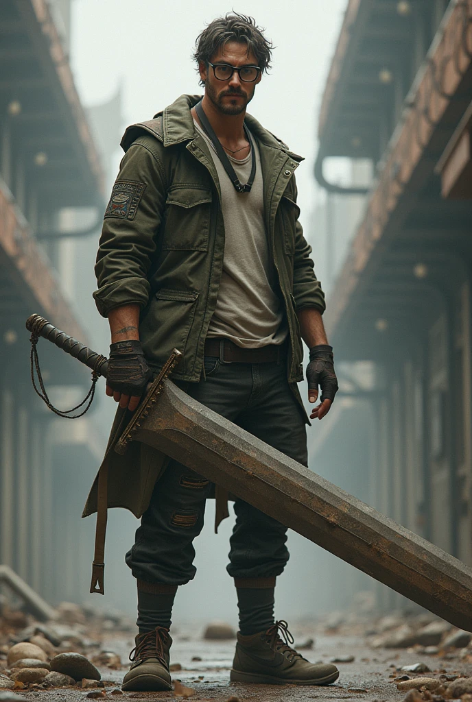 Tall lean man, messy short hair with light mustache, modern clothes, glasses, giant great sword