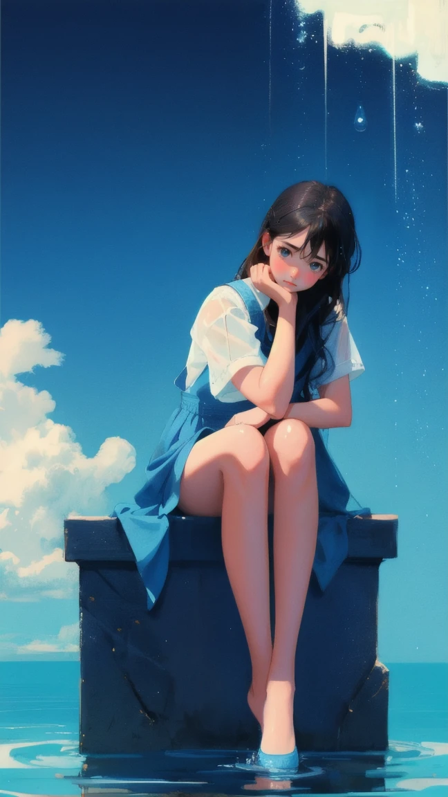 Design an image with a blue-themed background, featuring a beautiful, cute girl instead of the distressed boy. The girl should be sitting in the same pose, with a frustrated expression and water dripping from her. The overall style should be glossy and smooth, with water ripples and droplets surrounding her, preserving the original image's emotional impact and theme. The text 'Stuck Transaction' should be included in the same position, maintaining the scene's context
