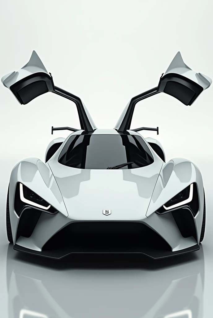 Generate a car with black eyes wide doors plane white body minimal design, big height like combination 9f Mustang gt ,audi , Lamborghini, fortuner, bmw m5, Ford and Ferrari and like airoplane design primium with Bentley structure.lions eyes 